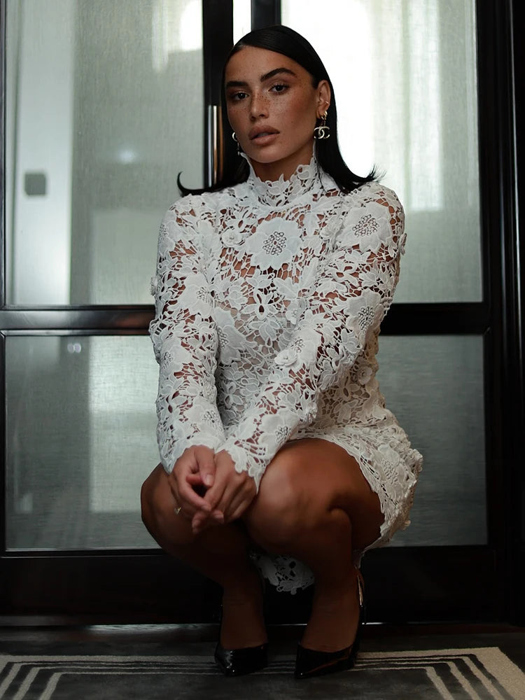 White Turtleneck Lace Floral Mini Dress For Women Long Sleeves Slim Bodycon Elegant Evening Party Cocktail Wear