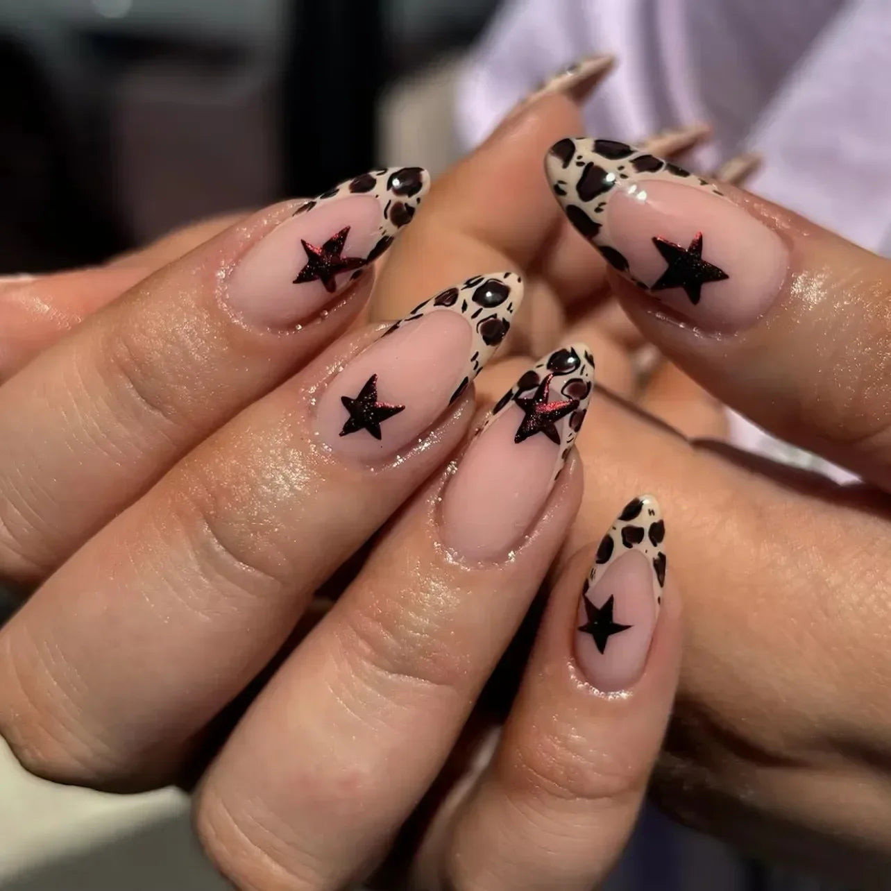 Cherry Leopard Print Almond Fake Nails Art Ballet Pointed False Nails Charms Flower Star Love Heart Press on Nails Manicure Tool MT2599JP3574