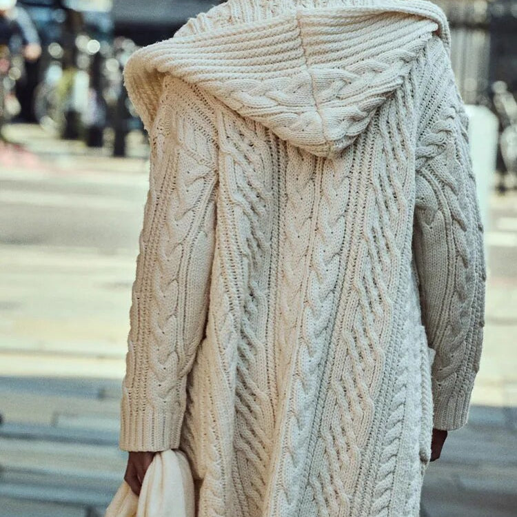 ZA-2024 new autumn and winter women's hooded eight-strand knitted jacket fashionable long cardigan jacket
