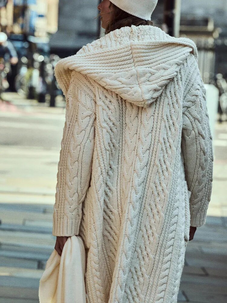 ZA-2024 new autumn and winter women's hooded eight-strand knitted jacket fashionable long cardigan jacket