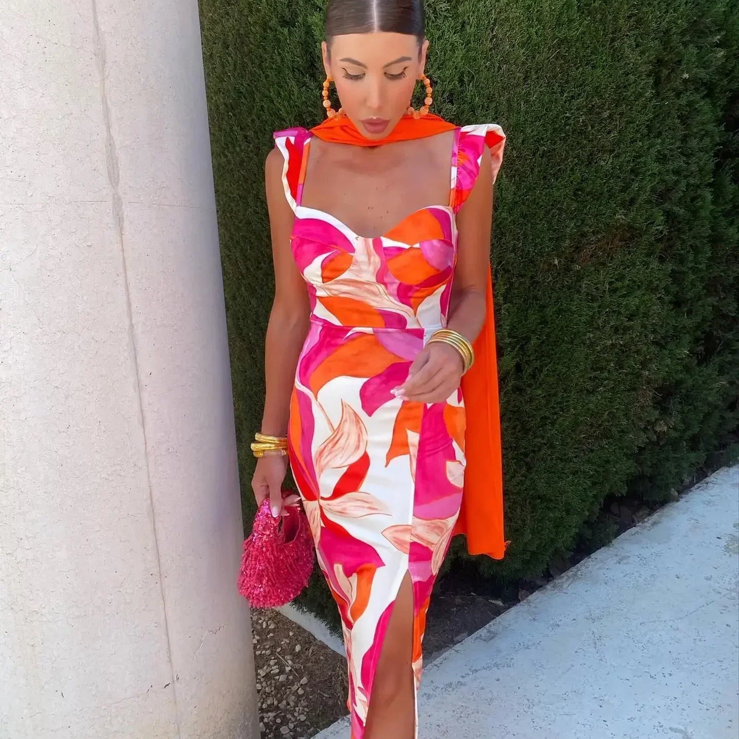 Fashion Print Fly Sleeve Midi Dress For Women Elegant Square Neck Sheath Split Dresses Female Vintage High Street Vestidos