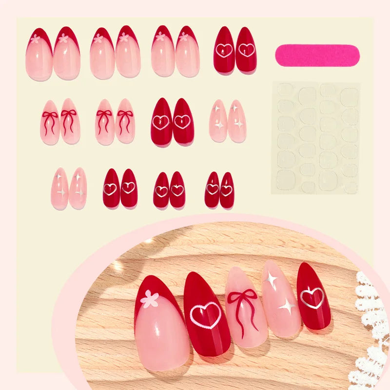 Red Almond Fake Nails 24Pcs Valentine's Day Press On Nails Love Heart/Bowknot/Star Printed Wearable False Nails for Women