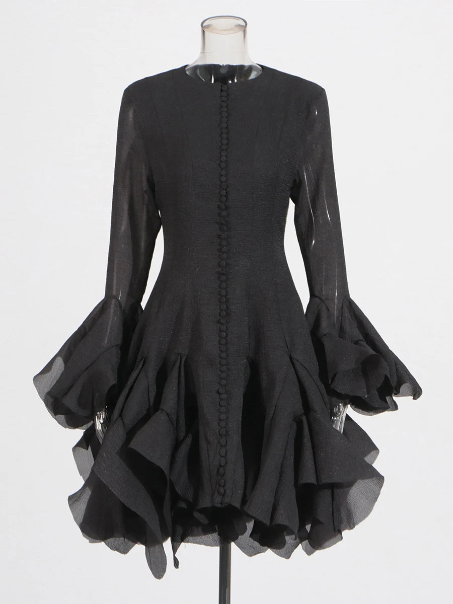 Solid Spliced Button Slimming Dresses For Women O Neck Long Sleeve High Waist Patchwork Ruffles Female Fashion New