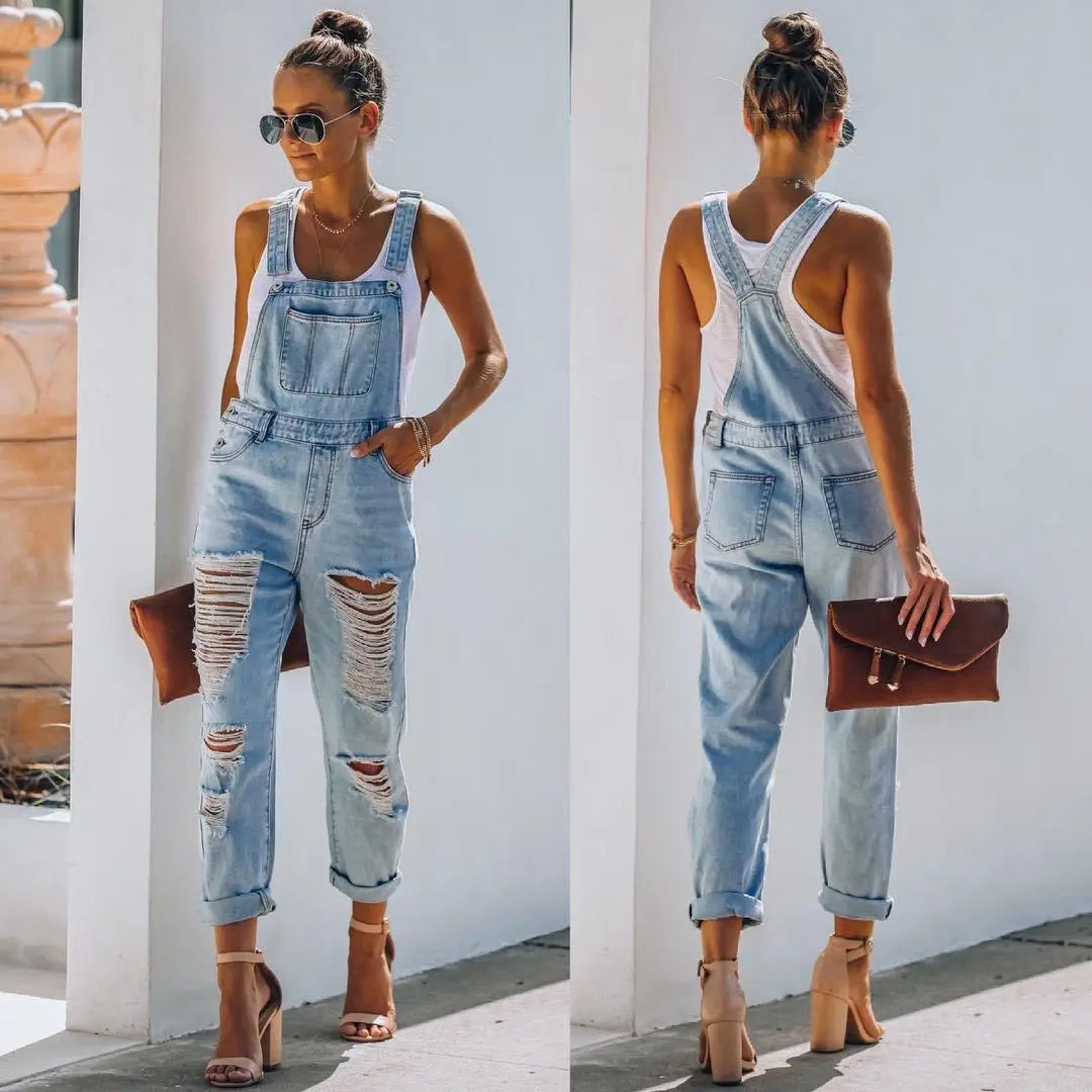 Casual Ripped Denim Jumpsuit Women's Fashion Slouchy Loose Pocket Slim Solid Color Blue Strap Jeans For Women Trousers Work Clot