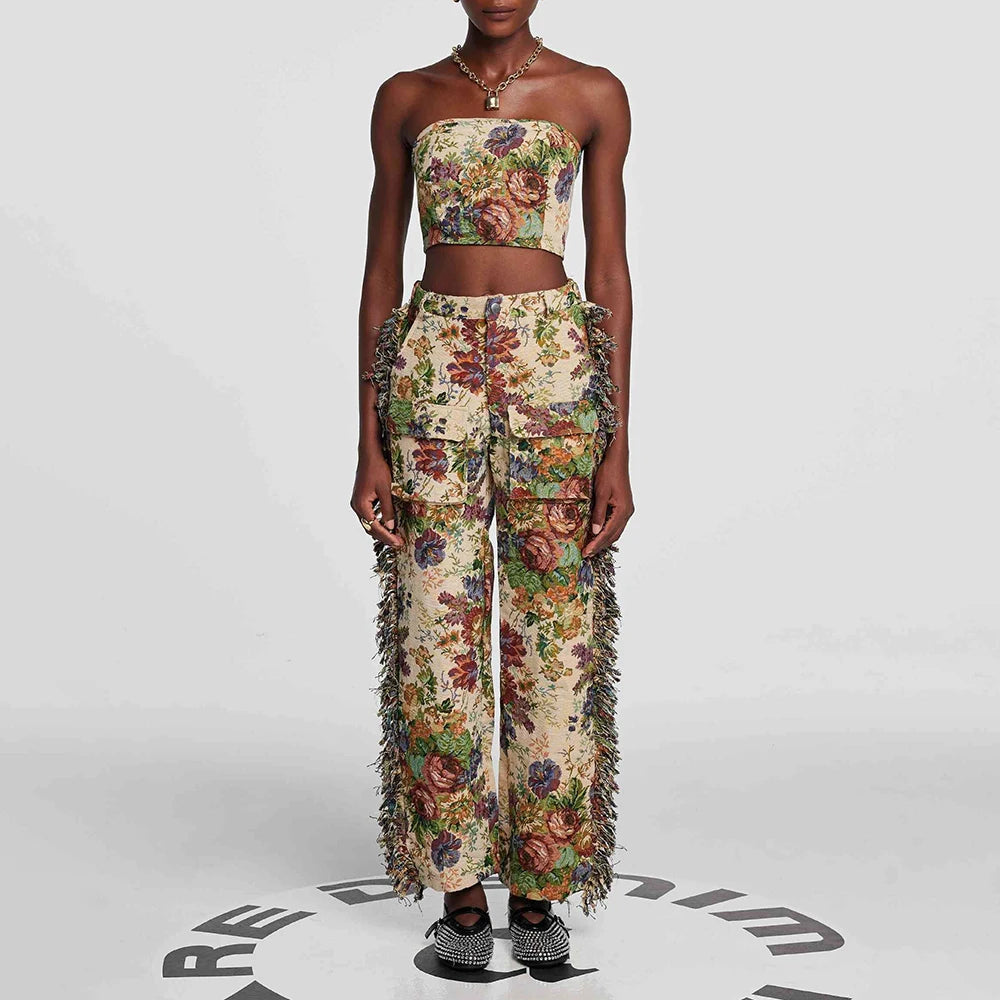 Hit Color Two Piece Set For Women Strapless Sleeveless Top High Waist Patchwork Tassel Pant Streetwear Sets Female APRICOT