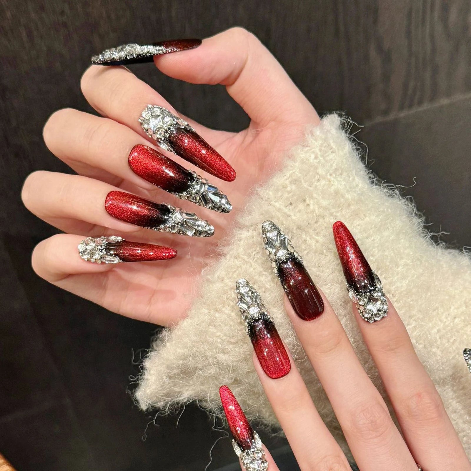 10pcs Wine-red Super Long Almond False Nails Handmade Full Shiny Diamond French Press On Nails Glossy Cat's Eye Luxury Fake Nail