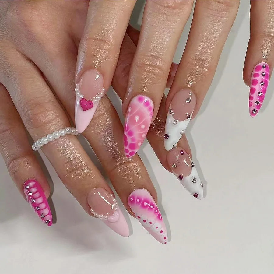 24Pcs Mid-length Almond Press on Fake Nail with French Flower Shiny Powder Design False Nails Art Reusable Full Cover Nails Tips C1064