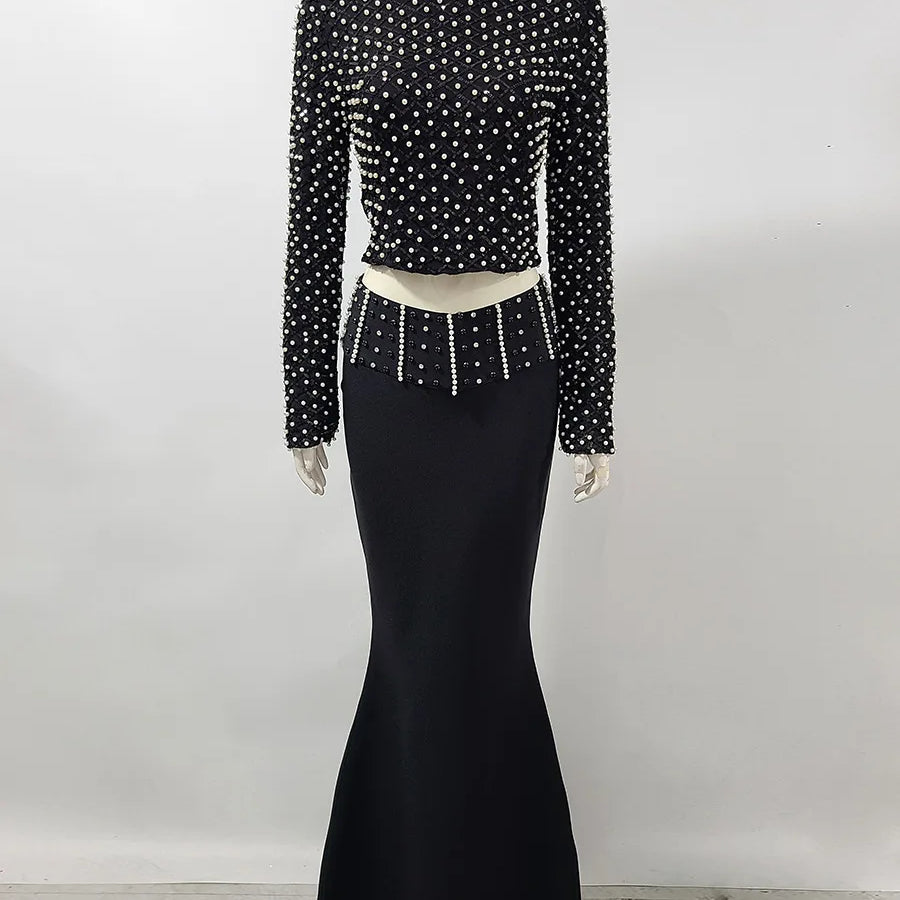 Women Long Sleeve Sexy Beading Tops 2 Pieces Bodycon Bandage Skirt Set Elegant Evening Party Celebrate Outfit black