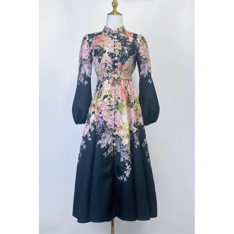 Real Shot Spot Australian Design Single-Breasted Sleeve Cotton Linen Spring And Summer New Midi Dress With Bel