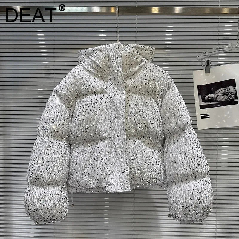 Winter New Trendy Style Silver Sequin Fabric Heavy Industry Hooded Warm Jacket For Women Cotton-padded Coat 11A07657