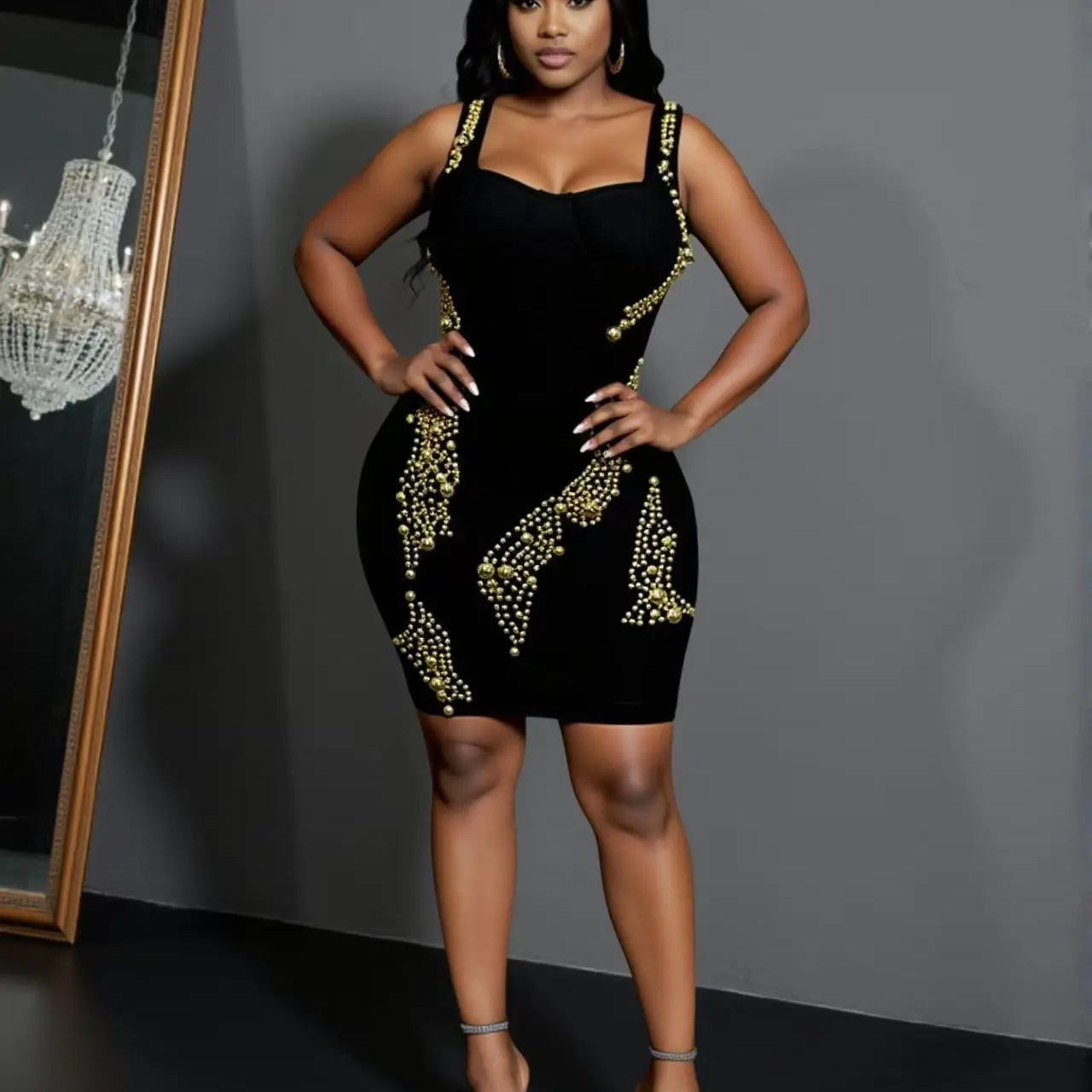 Women Sleeveless Sexy Square Collar Beading Bodycon Mini Bandage Dress Nightclub Party Celebrate Birthday Outfit Vestido