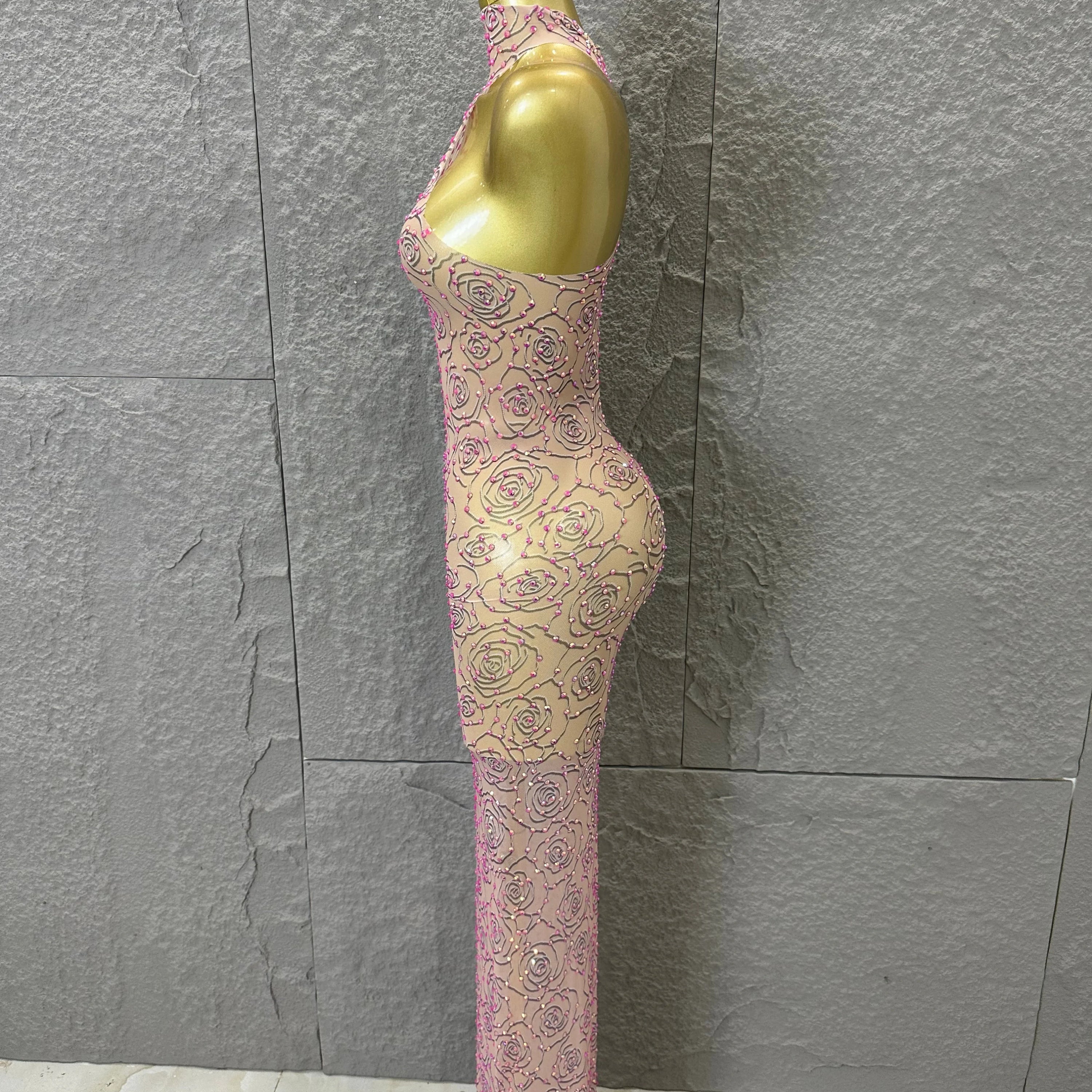 Sexy Glamorous Nude Halter Neck Maxi Dress Sheer Mesh 3D Rose Beaded Embellished Bodycon Nightclub Party Outfit