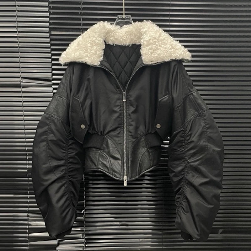 Autumn Winter New Patchwork Leather Waist-Cinching Cotton Jacket For Women Elegant Fur Collar Short Coat 11A07569 Black