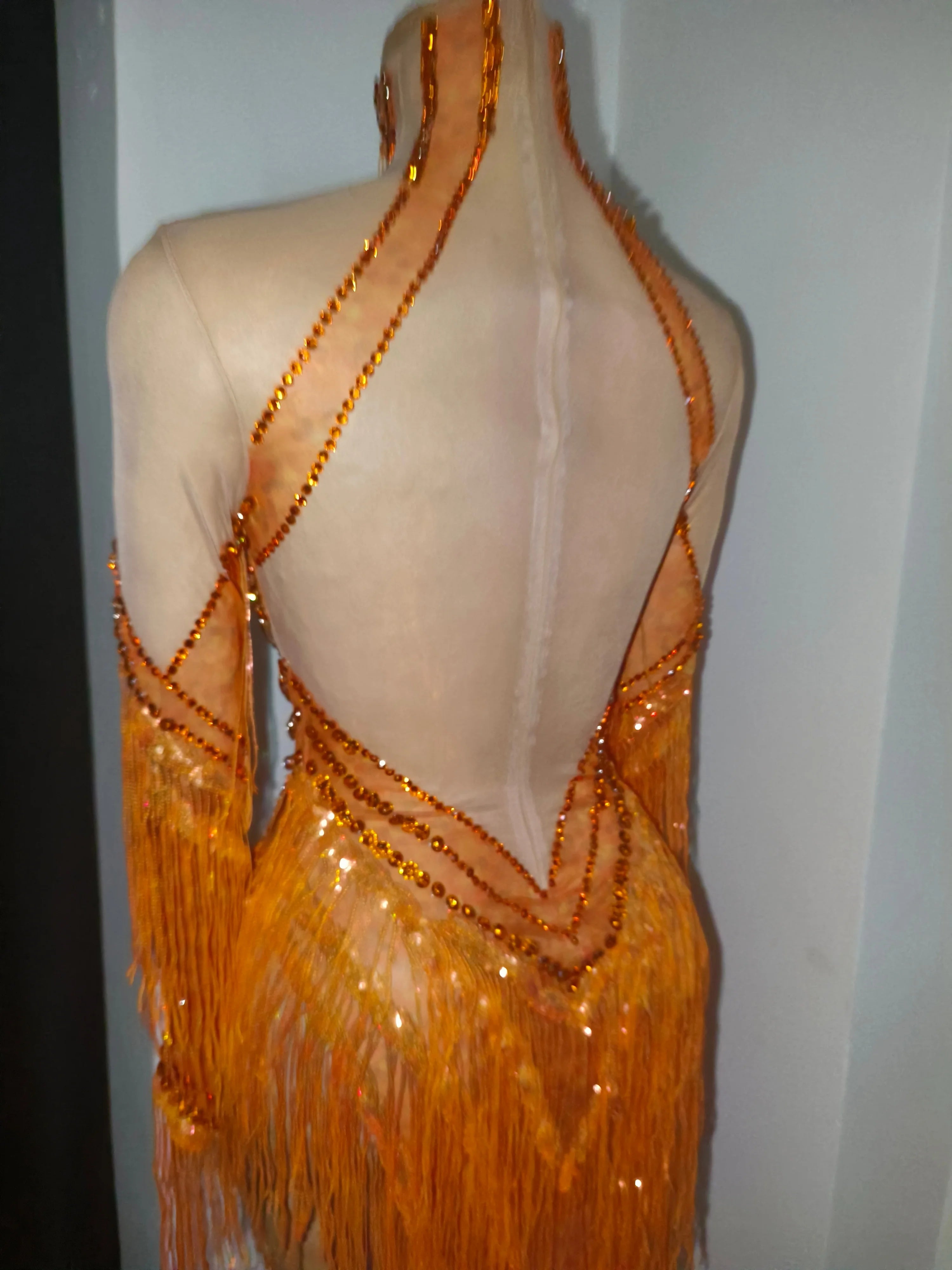 Sparkly Orange Rhinestone Fringe High Neck Dress Women Sheer Mesh Embellished Latin Dance Performance Costume