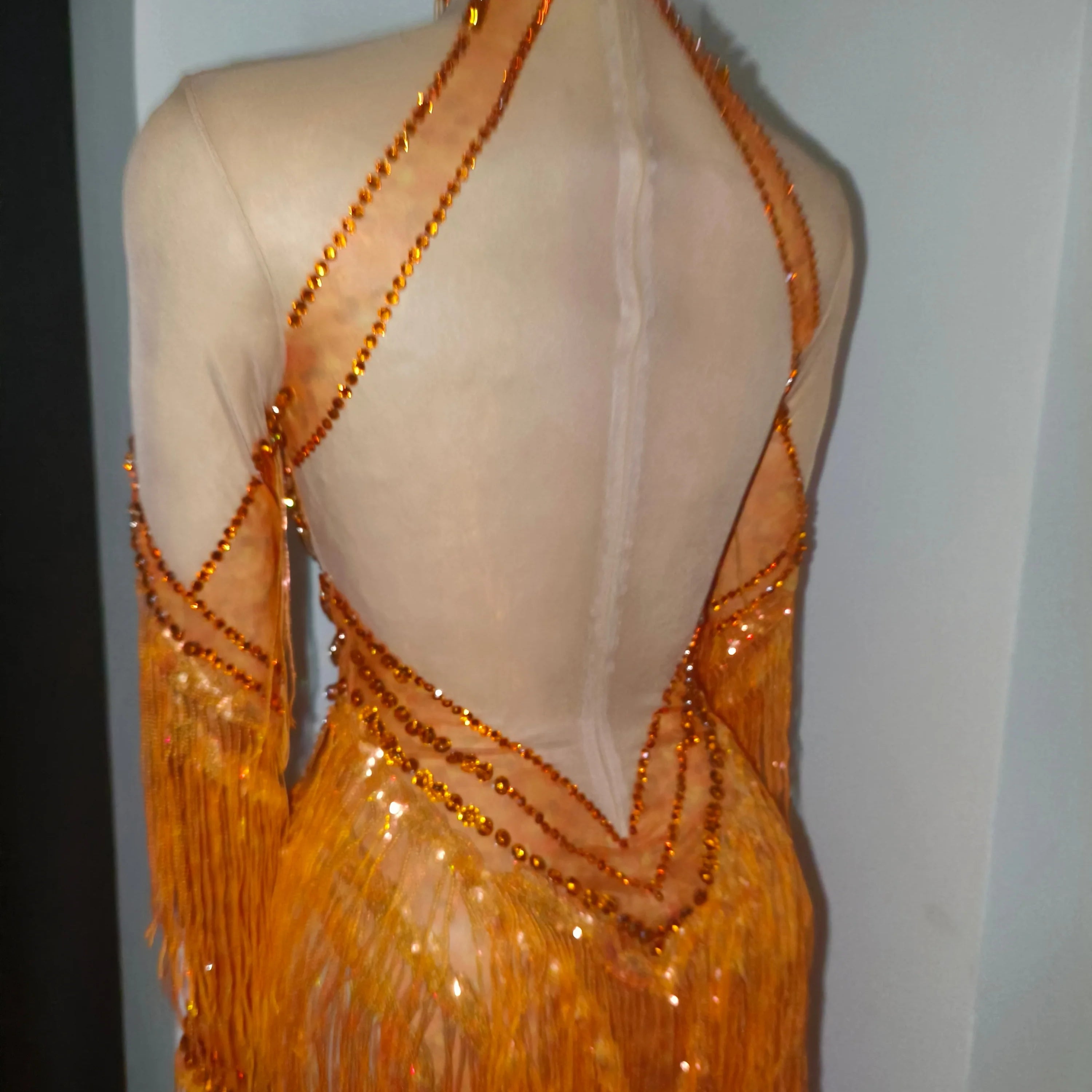 Sparkly Orange High Neck Dress Women Sheer Mesh Rhinestone Fringe Embellished Latin Dance Performance Costume