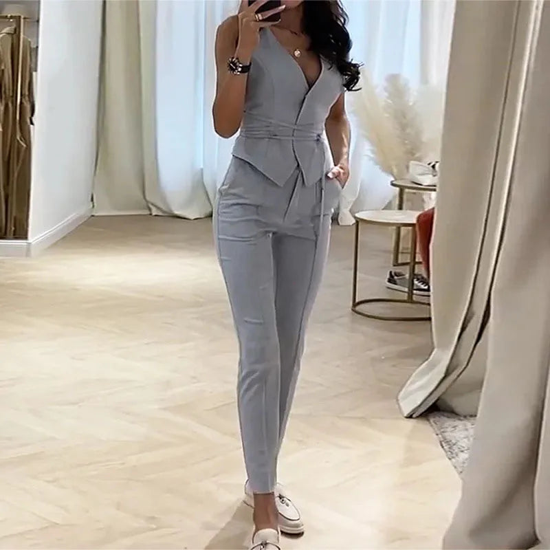 Women Fashion Commute Clothes Sleeveless Outfit 2023 Summer New Suit Temperament Slim Waist Sexy Vest Pencil Pants Two-Piece Set