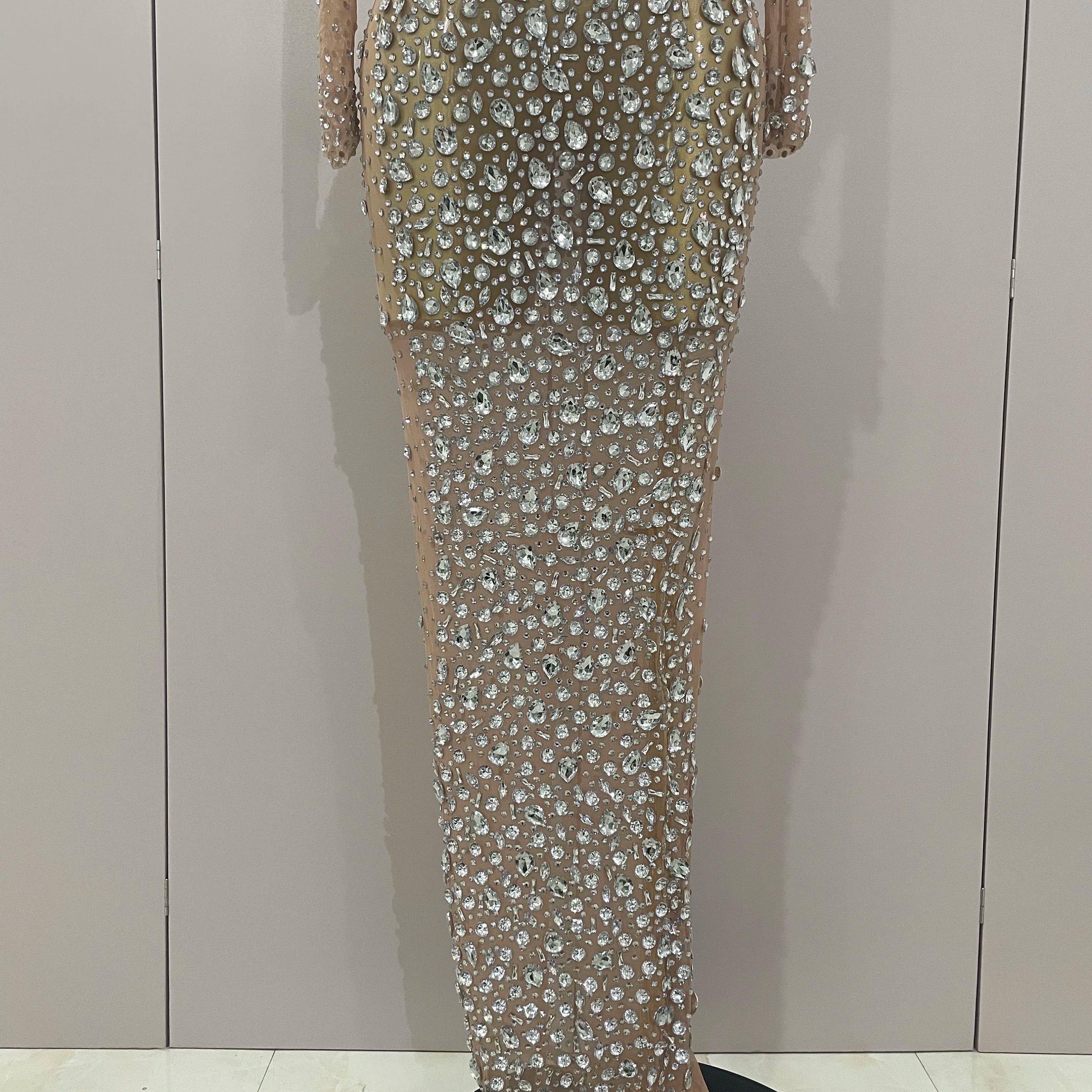 Sparkly Silver Big Rhinestone Sexy Transparent Long Dress 2025 Women Evening Birthday Party Celebrate Club Dancer Stage Costume