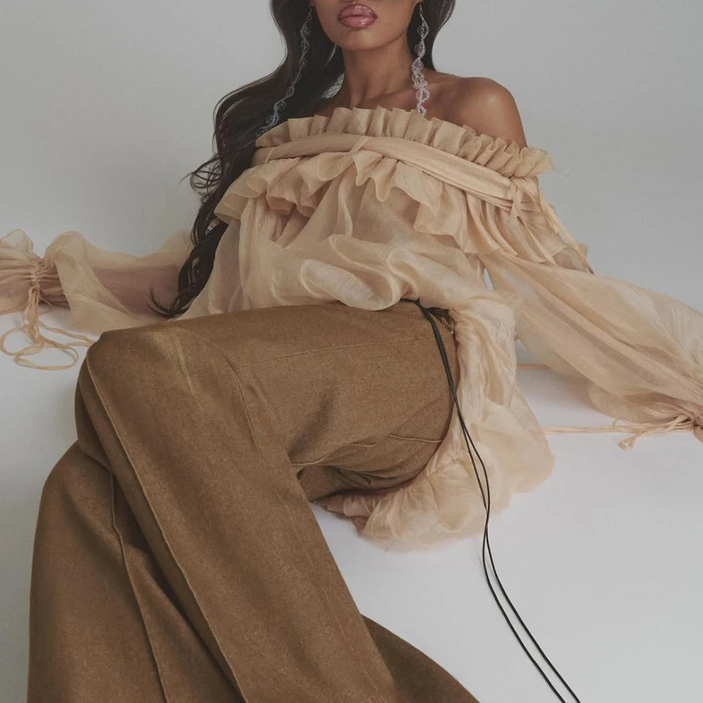 Solid Loose Spliced Folds Blouse for Women Slash Neck Long Sleeves Patchwork Lace Up Fashion Top Female Clothing