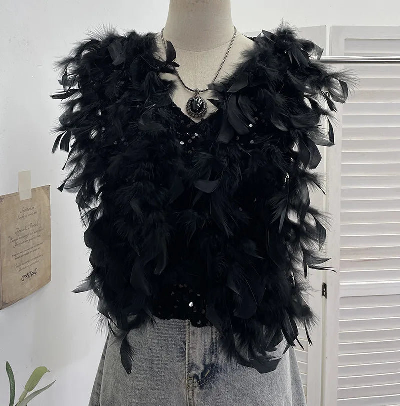 Autumn Winter New Fashion Design Heavy Industry Feather Shiny Sequin Patchwork Velvet Vest Women's Short Top 11A07916 Black One Size