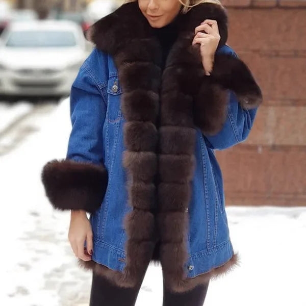 Lazada Best Selling Women's Long Sleeve Faux Fur Leather Denim Jacket Wish Top Brand Chinese Origin Mixed Fur Coat
