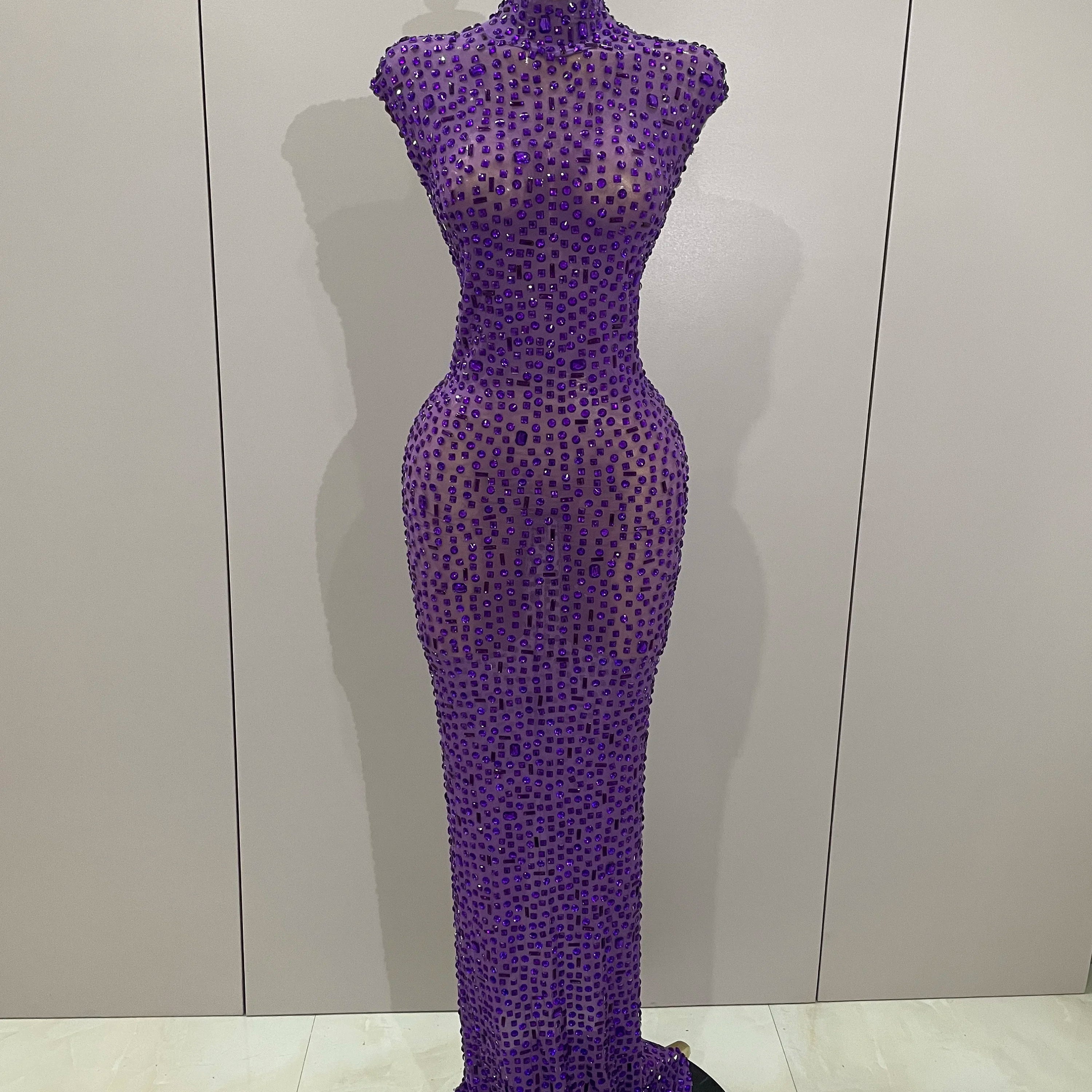 Sexy Sparkly Crystal Diamonds Mesh See Through Long Dress 2025 New Women Elegant Party Costume Singer Stage Performance Outfit PURPLE