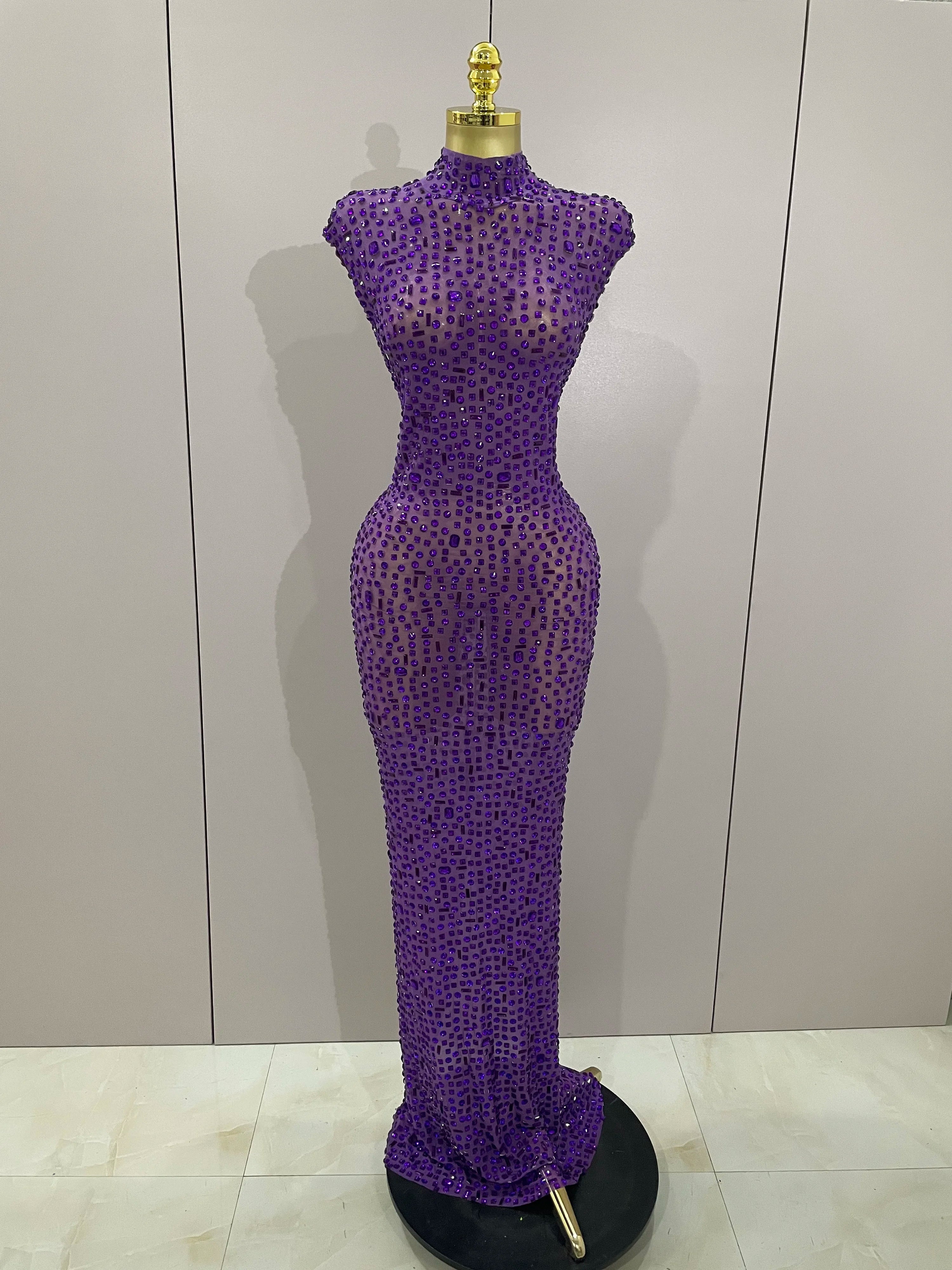 Sexy Sparkly Crystal Diamonds Mesh See Through Long Dress 2025 New Women Elegant Party Costume Singer Stage Performance Outfit PURPLE