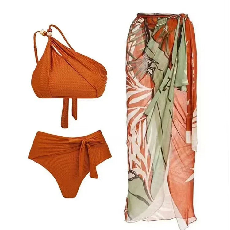 Sexy One Shoulder Printed Swimwear Women 2023 Vintage High Waisted One Piece Swimsuit with Cover Up for Beach Vacation, Swim MLS01b2