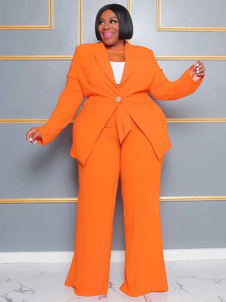 2 Piece Sets Women Outfit Winter Long Sleeve Sexy Pant Suits with Blazers Ladies Chic and Elegant Blazer Set Female Plus Size Orange