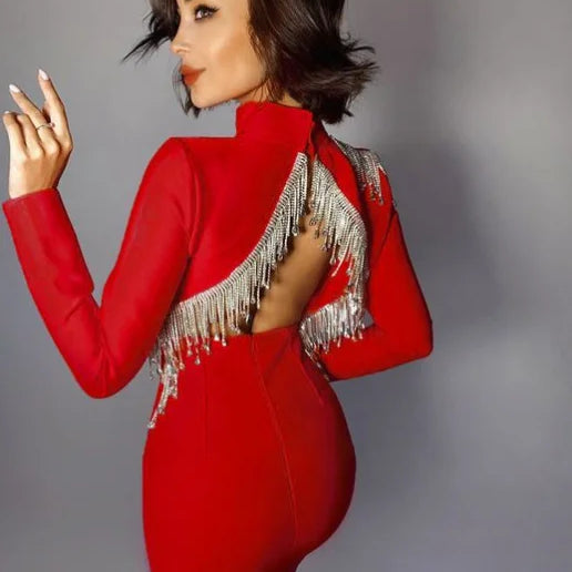 Women White Black Sexy Sparkly Backless Diamond Tassel Vestido Bandage Dress Long Sleeve Bodycon Club Evening Party Mini Dresses Red