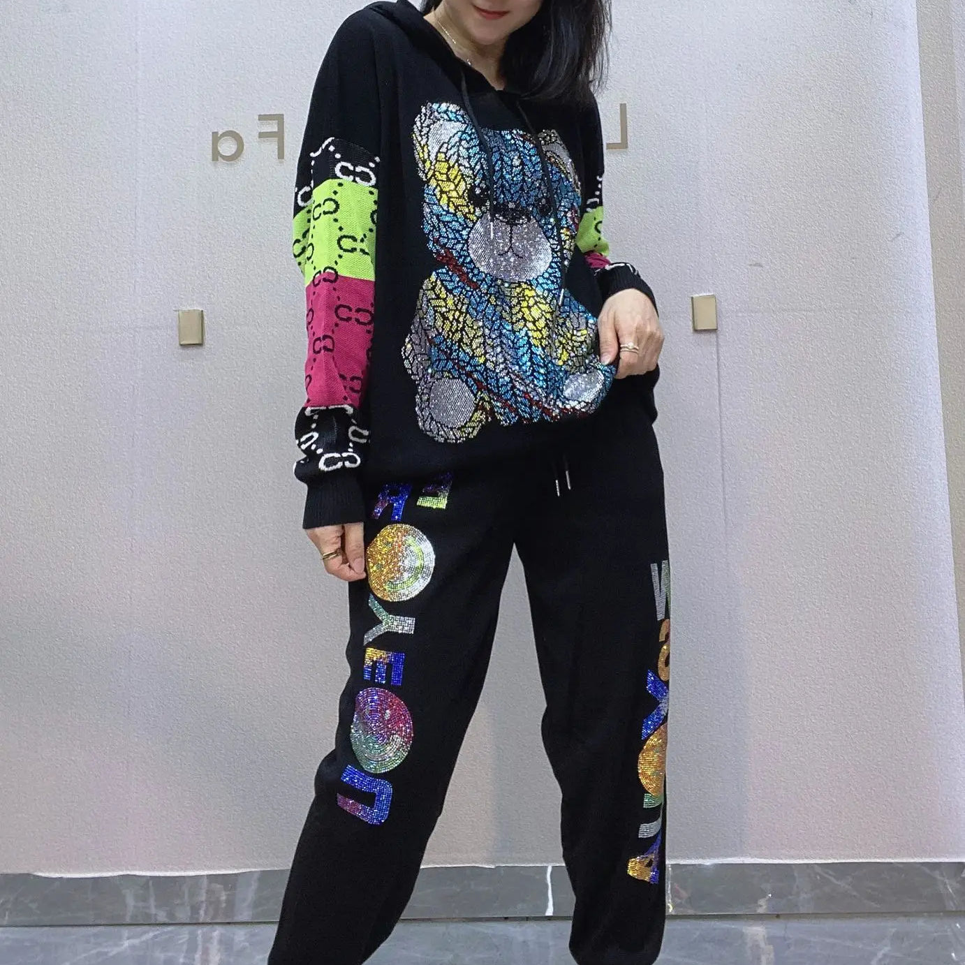 Colorful Bear Diamonds 2 Piece Sets Womens Outfits Letter Print Casual Tracksuit Women Autumn Loose Hooded Sweater Joggers Femme