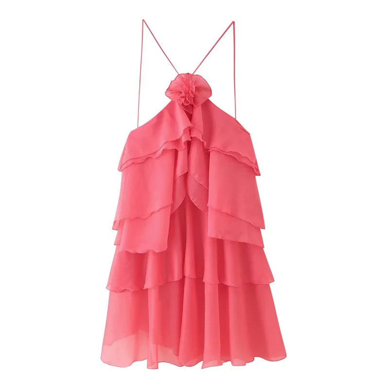 Women Sleeveless Cascading Ruffles Smock Big Swing Dress 2025 Birthday Vacation Street Summer Party Dresses Vestidos Red