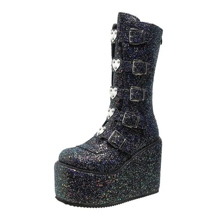 Punk Women Sequin Boots Ladies Cosplay High Boots Comfort Long Tube Boots Pink Platform High Wedges Women Shoes Gothic Boots black