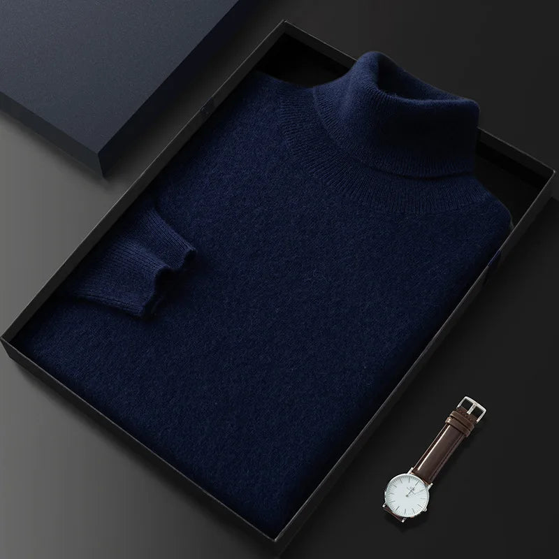 Turtleneck Men Pullovers Autumn Winter Soft Light Warm Rolled Neck Jumper Jersey Pull Homme Knitted Sweater Navy Blue