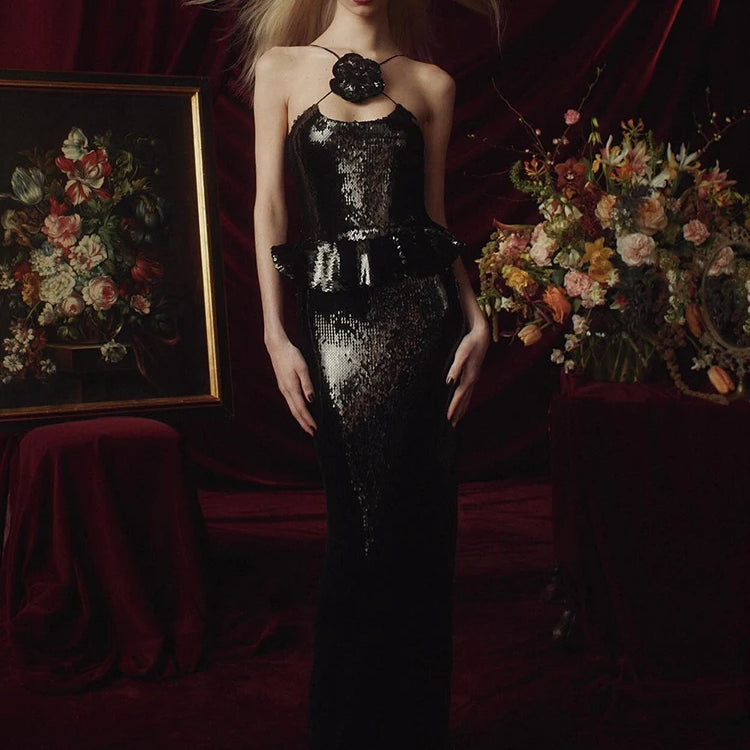 Women Summer Backless Long Dress Black Mesh Sparkly Sequins Spaghetti Straps Ruffled Hems Cocktail Evening Party Gowns