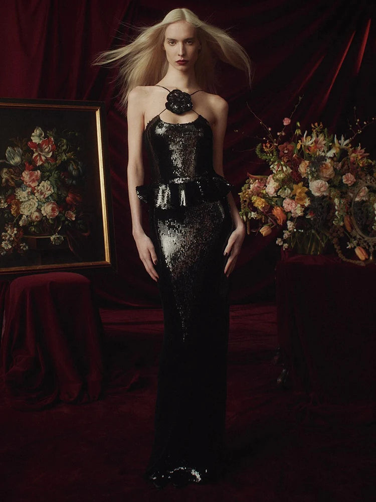 Women Summer Backless Long Dress Black Mesh Sparkly Sequins Spaghetti Straps Ruffled Hems Cocktail Evening Party Gowns