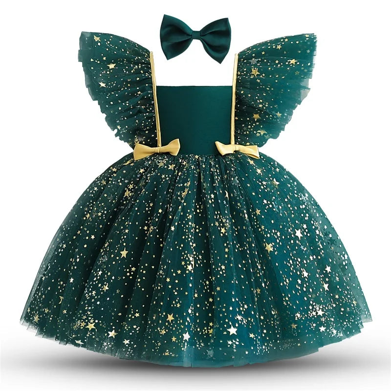 Princess tutu Kids Dresses For Girls Clothes Tulle Children New Year Carnival Dress Birthday Wedding Party Prom Costume 1-5Yrs green