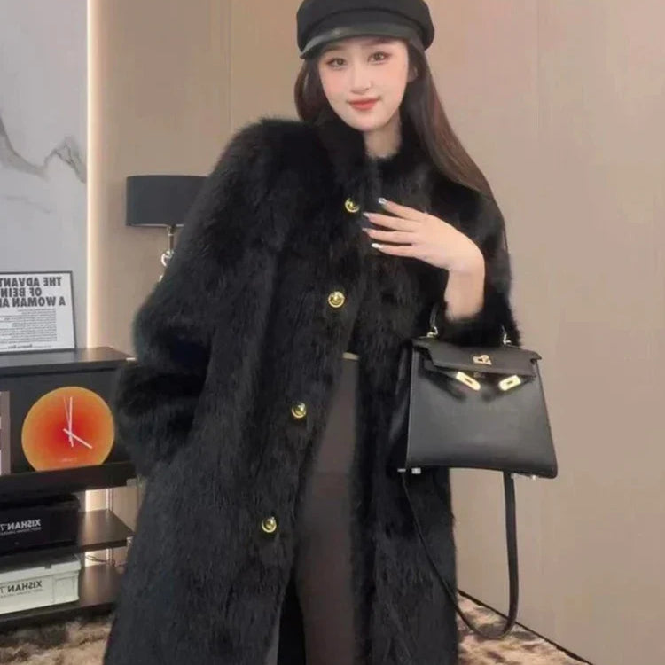 Autumn Winter Long Thick Warm Hairy Soft Faux Fox Fur Coat Women Stand Collar Elegant Luxury Chic Fluffy Jacket 2024 Black