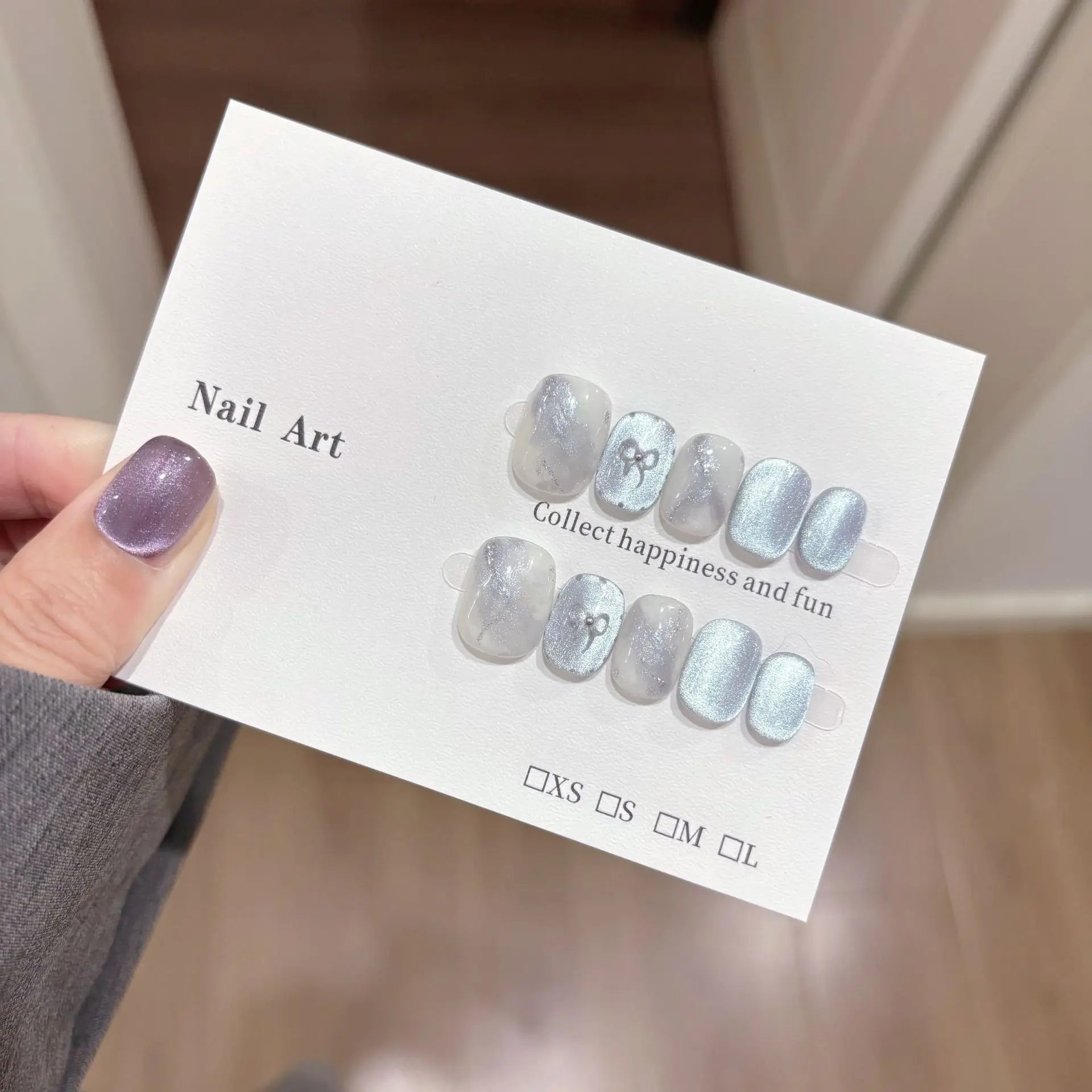 10Pcs Blue Cat Eye Nail Tips Full Cover Silver Stars Sweet Cool Short Handmade Nail Patch Removable False Nails for Spice Girls