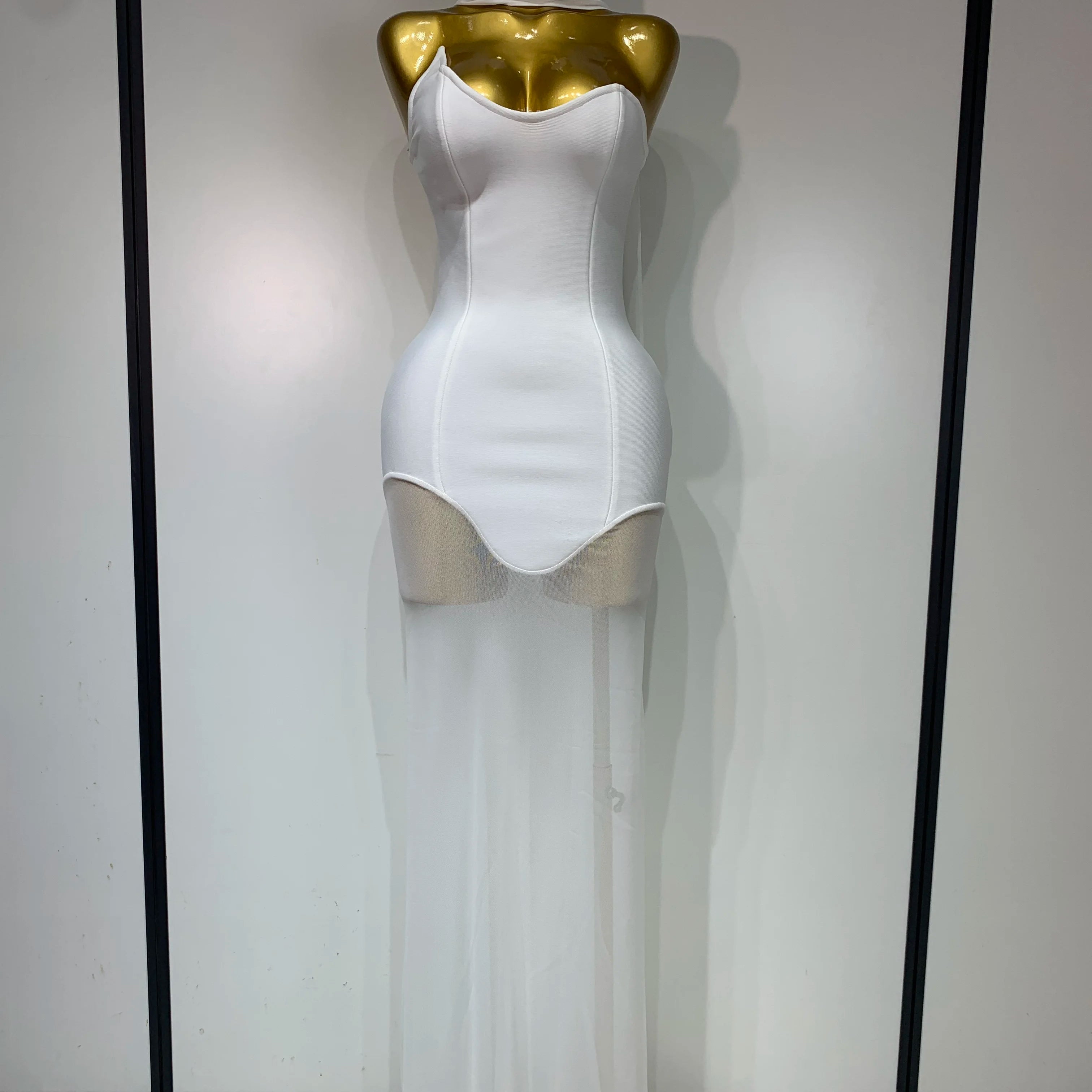 Sexy Strapless Long Bandage Dress Black Mesh Patchwork Elegant Women Blackless Evening Party Gowns Bodycon Birthday Dresses WHITE