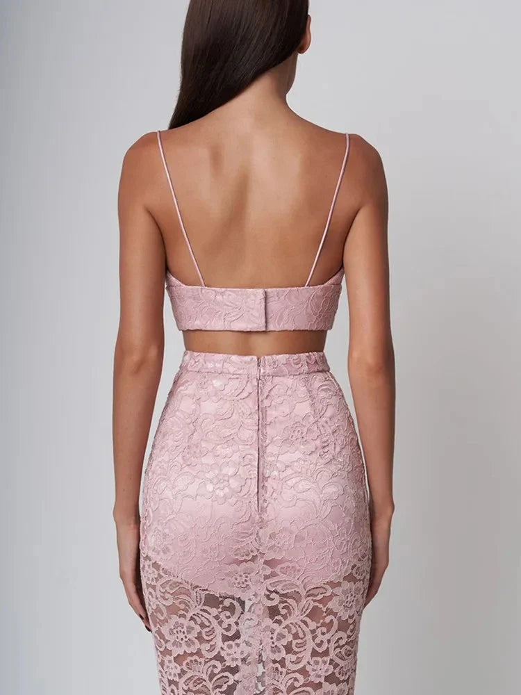 New Women Sexy V Neck Lace Feather Midi Skirt Bandage Set Celebrity Elegant Evening Club Cocktail Party Outfits