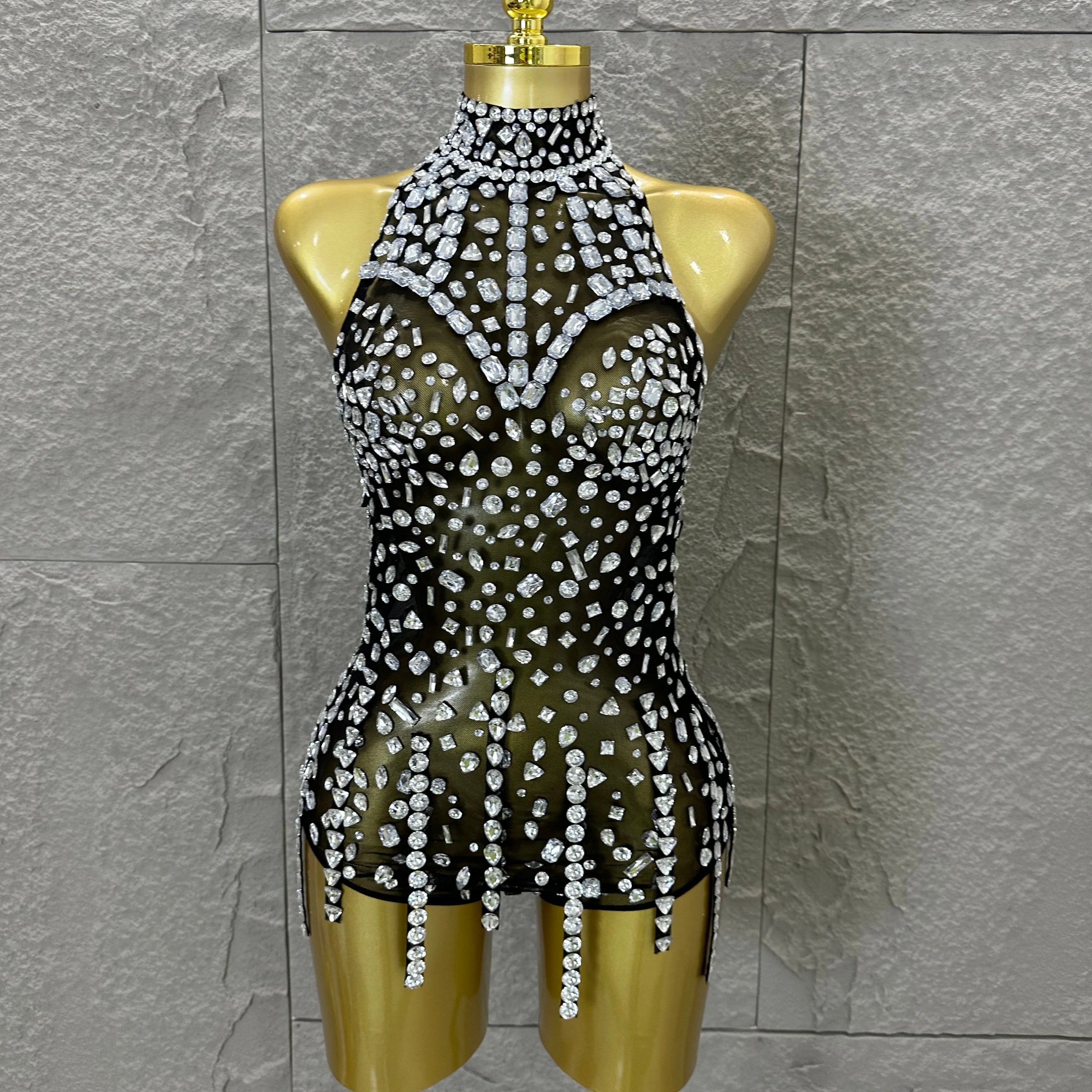 Pink Nude Sleeveless Bodysuit Women Sheer Mesh Crystal Rhinestone Embellished Formal Event Performance Costume black