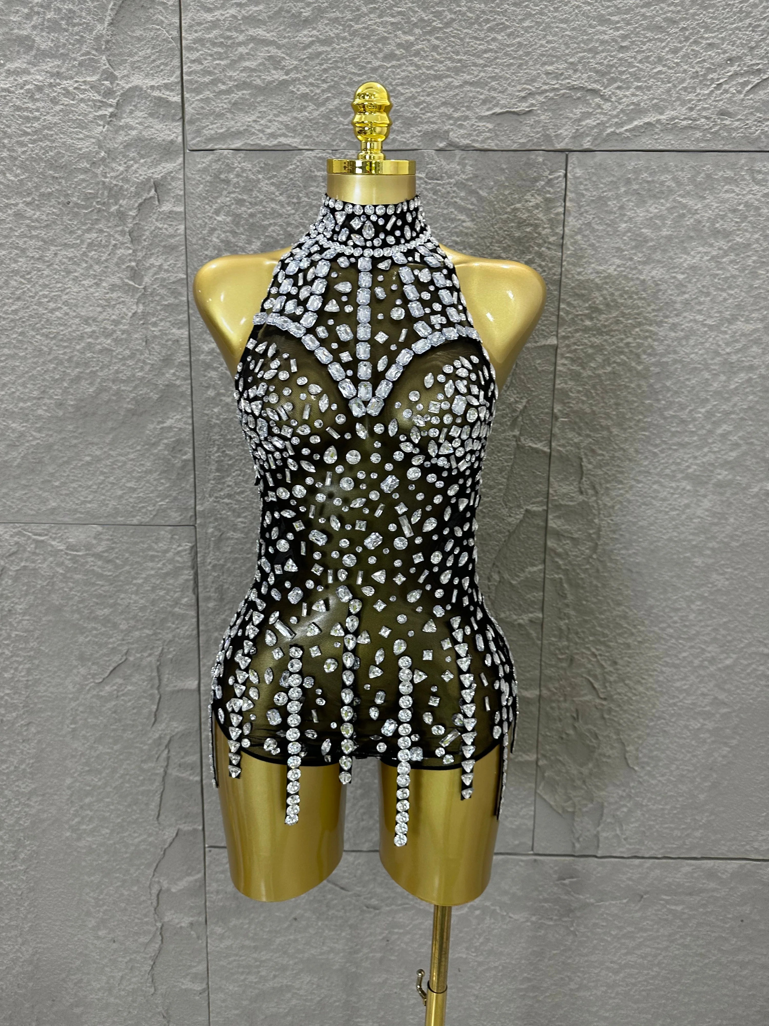 Pink Nude Sleeveless Bodysuit Women Sheer Mesh Crystal Rhinestone Embellished Formal Event Performance Costume black