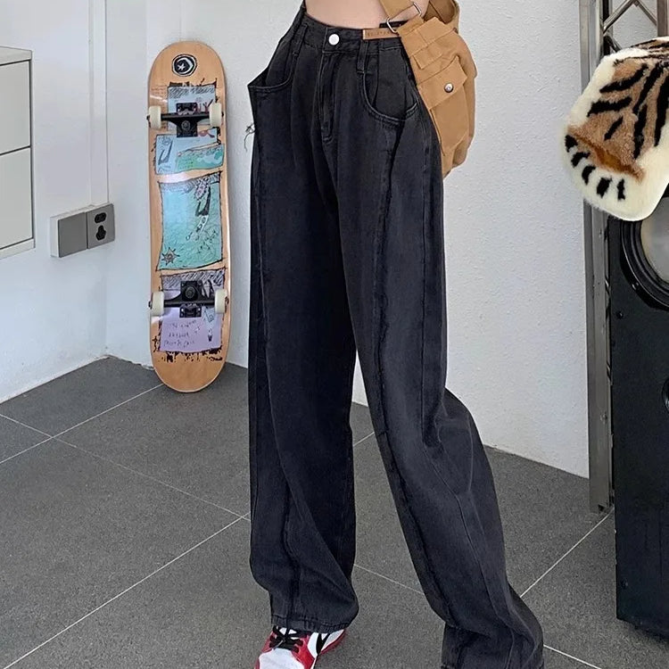 American Retro High Waist Straight Pockets Jeans Hip-hop Pants Spring Women's Grunge Streetwear Casual Y2K Denim Trouser