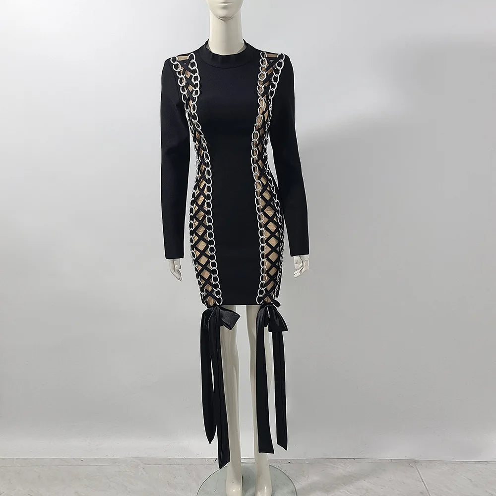 Women Long Sleeve Sexy Laced-up Bodycon Mini Bandage Dress Fashion Celebrate Nightclub Party Cocktail Outfit