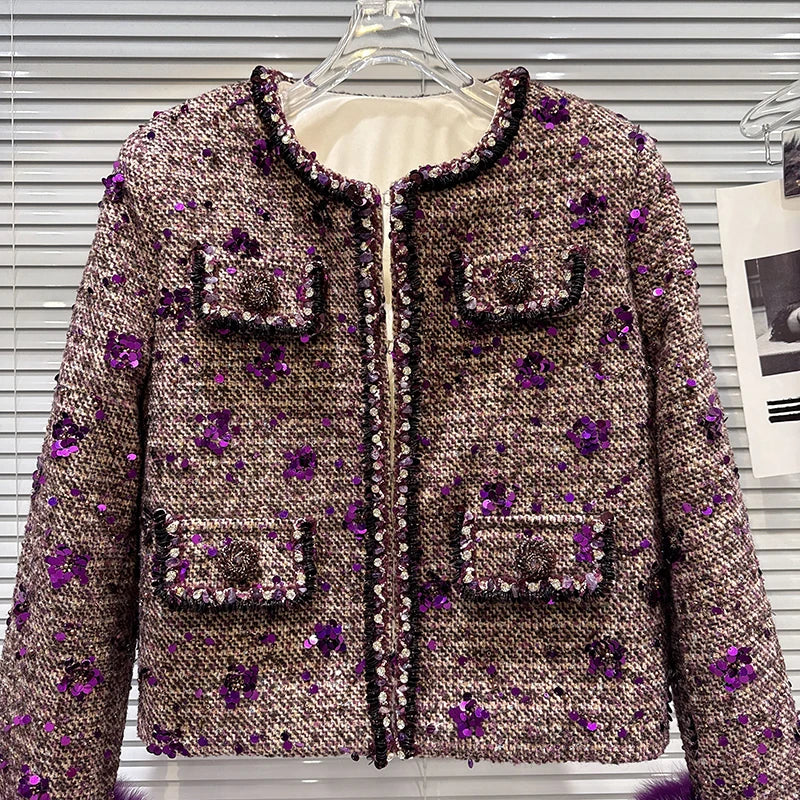Winter New Fashion High-End Fox Fur Cuff Sequin Tweed Cotton Lined Short Coat For Women Elegant Jacket Female 11A07859