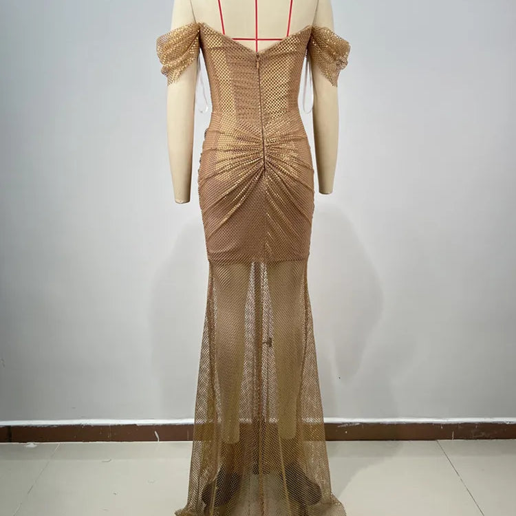 Women Celebrity Sexy Off Shoulder Diamonds Net Sparkly Gold Maxi Long Gowns Dress Elegant Evening Party Club Vestido