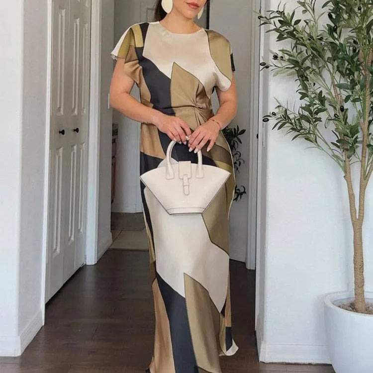 TRAFZA New Summer Women's Long Dress Print O-Neck Short Sleeves Back Hollow Out Vinatge Chic Pleats Loose Female Dresses