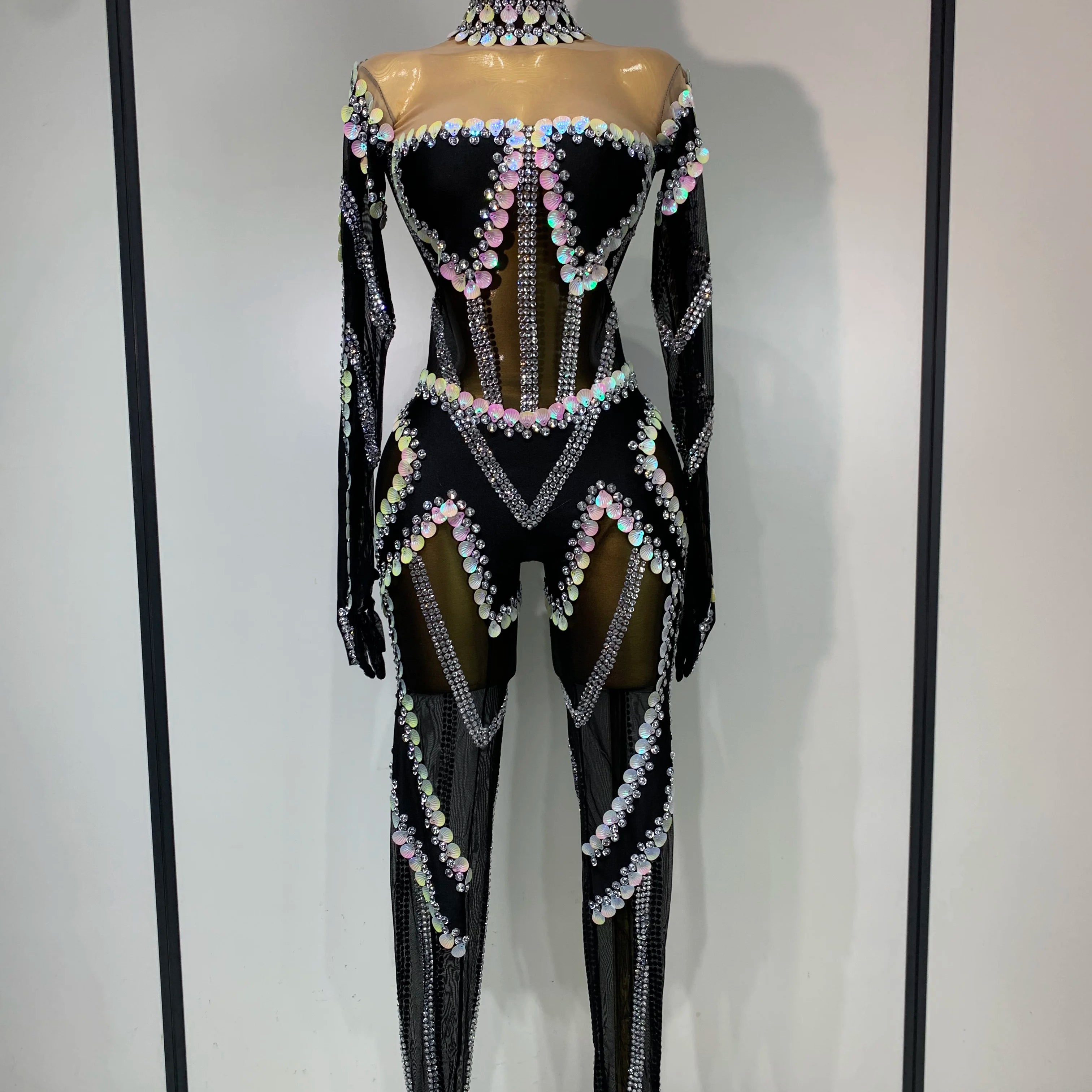 Women Sexy Long Sleeve Sparkly Crystal Sequin Mesh Jumpsuit Nightclub Cos Party Dancer Performance Costume Stage Outfit black