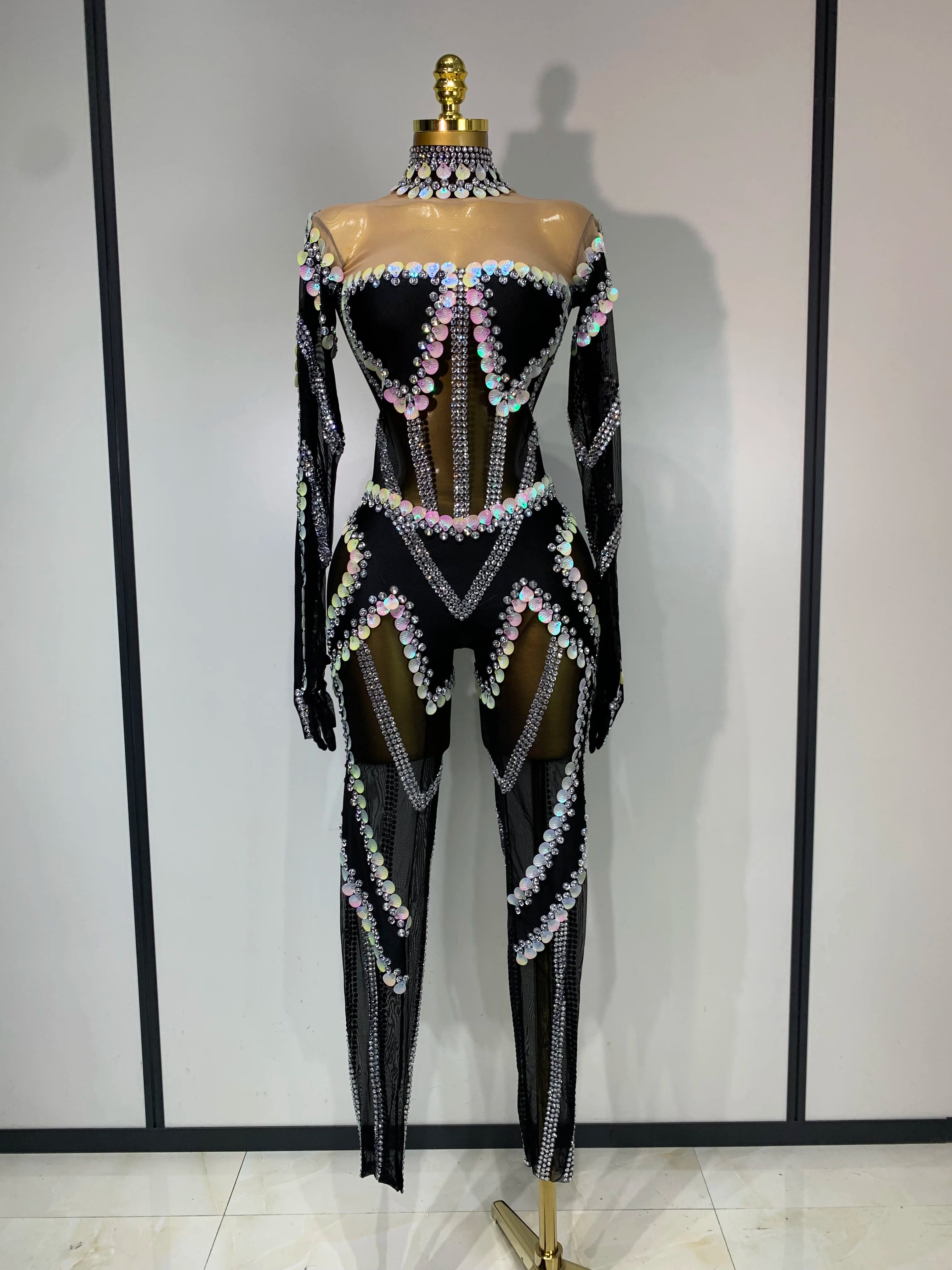 Women Sexy Long Sleeve Sparkly Crystal Sequin Mesh Jumpsuit Nightclub Cos Party Dancer Performance Costume Stage Outfit black