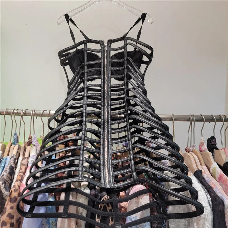 New Style Fashion Hollow Out Leather Dress For Women Heavy Industry Strapless Slim Fit Short Dresses Female 11A07880